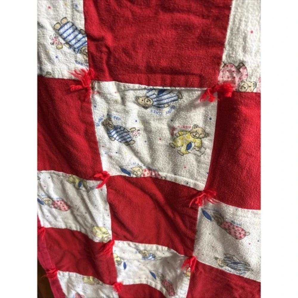 VTG Patchwork Baby Country Core Cottage Teddy Bear Handmade Tied Quilt Red White